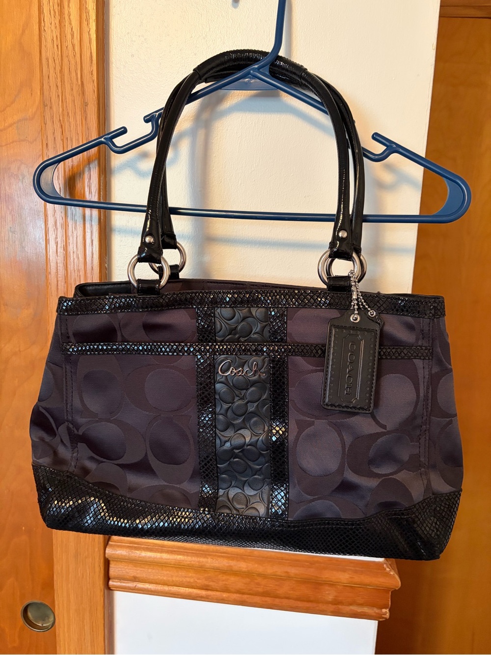 Coach Black Signature Shoulder Tote with Patent Trim